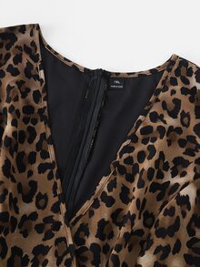 Velvienne Plus Size Brown Leopard Print Sheer Chiffon Slimming Waist-Cinching Elegant Long Dress - Brown - View 4