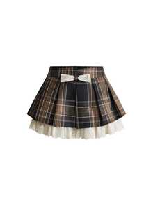 ROMWE Kawaii Vintage Plaid Cotton Lace Ruffle Hem Mini Pleated Skirt For Women - Multicolor - View 1