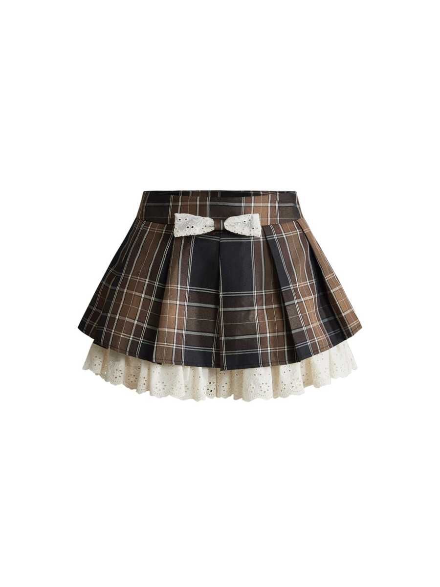 ROMWE Kawaii Vintage Plaid Cotton Lace Ruffle Hem Mini Pleated Skirt For Women - Multicolor - View 1