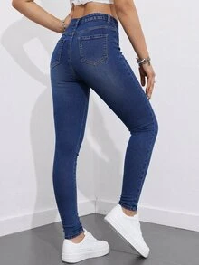 SHEIN ICON 女款休閒日常牛仔褲，附口袋與鈕扣設計 - 中等水洗藍 - 查看 2