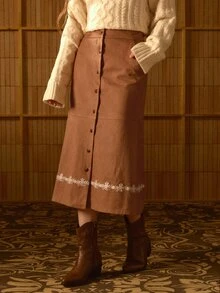 MOTF STUDIO WOMEN'S AUTUMN/WINTER VINTAGE BOHEMIAN SUEDE EMBROIDERED HEM LONG SKIRT - Rust Brown - View 7