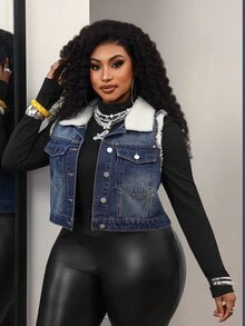 Slaydiva Plus Size Fashion Faux Fur Patchwork Collar Button Denim Vest Jacket - Blue - View 5
