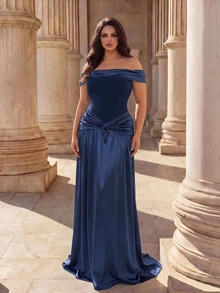Coutiva Plus Size Women Solid Color Off Shoulder Ruched Elegant Waist-Cinched Formal Evening Gown Dress - Navy Blue - View 3