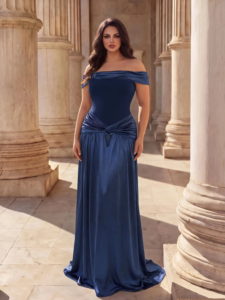 Coutiva Plus Size Women Solid Color Off Shoulder Ruched Elegant Waist-Cinched Formal Evening Gown Dress - Navy Blue - View 1