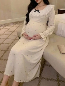 DAZY Polka Dot Patchwork Ruffle Trim Loose Long Sleeve Casual Daily Home Wear Spring Autumn Long Dress Maternity Dress - Apricot - View 6
