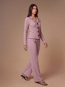SHEIN Women's Ribbed Brushed Lapel Bow Decor Long Sleeve Top And Pants Pajama Set, Comfortable Loungewear Set For Autumn/Winter, Autumn Clothing - Purple - View 4