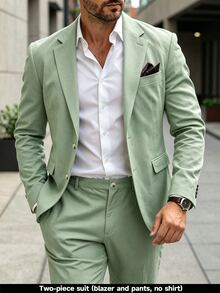 Manfinity Bizformal 男士鼠尾草綠色 2 件套西裝，夏季休閒商務婚禮西裝套裝，西裝外套與長褲，正式舞會西裝，適合日常穿著，給丈夫的儀式禮物... - 綠色 - 查看 1