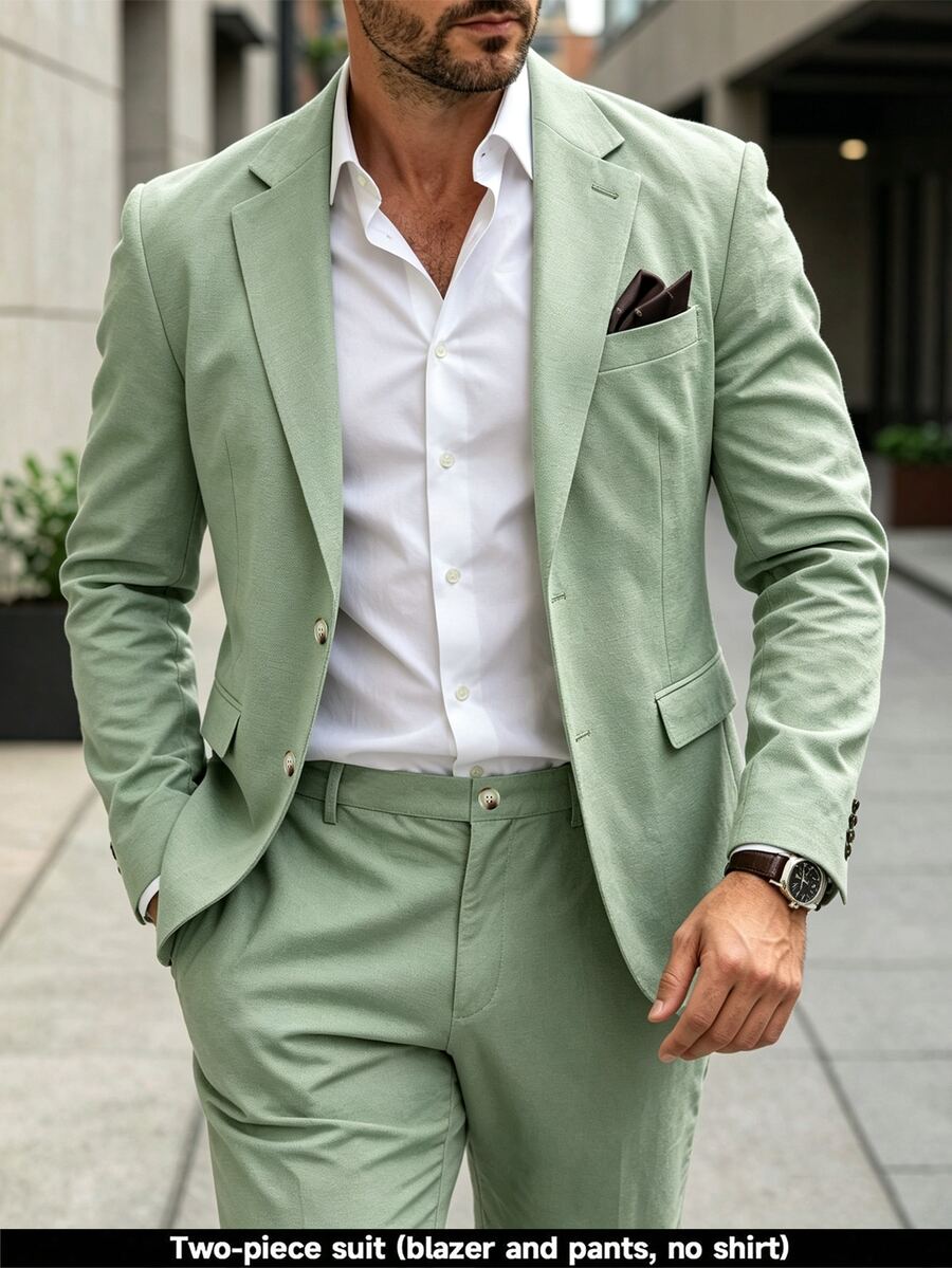 Manfinity Bizformal 男士鼠尾草綠色 2 件套西裝,夏季休閒商務婚禮西裝套裝,西裝外套與長褲,正式舞會西裝,適合日常穿著,給丈夫的儀式禮物... - 綠色 - 查看 1