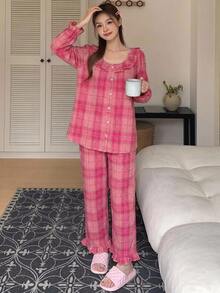 DAZY 2pcs/Set Sweet Plaid Loose Long Sleeve Long Pants Pajama Set For Women - Pink - View 5