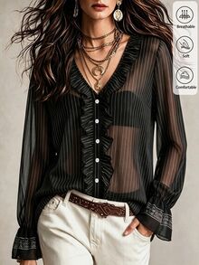 SHEIN Autumn French Retro Striped Ruffled Long-Sleeved Women's Blouse, Made Of Chiffon Fabric, Perfect For Parties, Commuting, Christmas, And Halloween. - Black - View 4