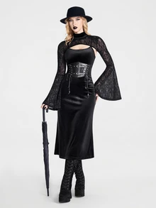 Breakform Gothic Dark Style Slimming Black Velvet Spaghetti Strap Dress - Black - View 1