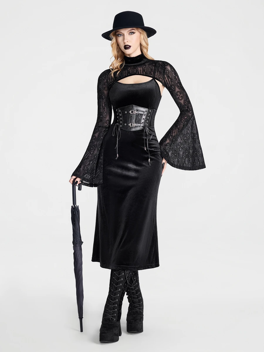 Breakform Gothic Dark Style Slimming Black Velvet Spaghetti Strap Dress - Black - View 1