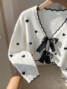 Comfortcana Winter Spring Valentine's Day Date Night Butterfly Heart Bow Front Open Wool Cardigan Ruffle Trim Short Sweater White - Black and White - View 6