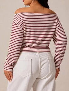 GalTyme Plus Size Street Fashion Versatile Striped Colorblock Long Sleeve T-Shirt - Red and White - View 2