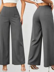 SHEIN PETITE CURVE 大尺碼優雅休閒高腰百褶寬鬆商務長褲 - 淺灰色 - 查看 9