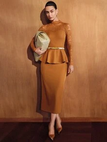 MOTF PREMIUM SET ATASAN RENDA ROMANTIS DAN ROK BODYCON UNTUK WANITA - Coklat - View 4