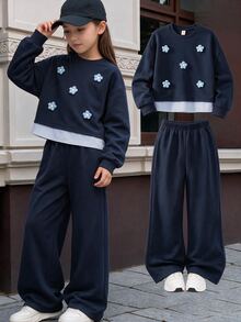 Tween Girl 3D Floral Decor Long Sleeve Sweatshirt And Pants Casual Set - Navy Blue - View 3