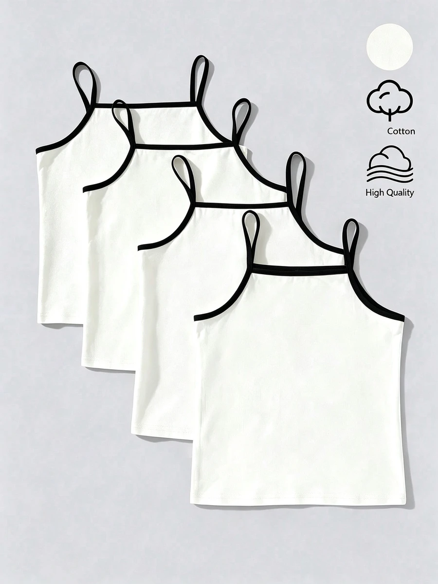 4pcs/Set Girls Regular Basic Minimalist Solid Color Camisole Tank Top Underwear Set, Traceable Cotton Fabric - Black and White - View 1