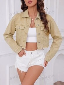 SHEIN ICON 女款單排扣休閒牛仔外套，適合日常穿著 - 卡其色 - 查看 1