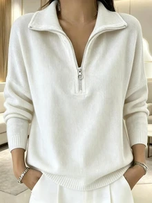 SHEIN Holidaya Women's Elegant Solid Color Stand Collar Half-Zip Front Casual Sweatshirt, Versatile For Daily Commute - White - View 3