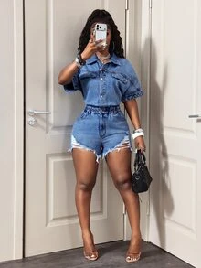 Women's Single-Breasted Frayed Hem Casual Daily Denim Romper - Medium Wash - View 4