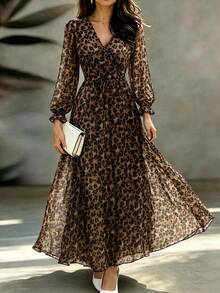 Velvienne Plus Size Brown Leopard Print Sheer Chiffon Slimming Waist-Cinching Elegant Long Dress - Brown - View 1