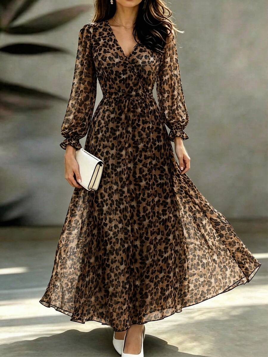 Velvienne Plus Size Brown Leopard Print Sheer Chiffon Slimming Waist-Cinching Elegant Long Dress - Brown - View 1