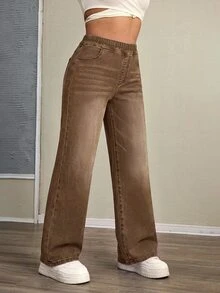 Flexra Fall Casual High Waist Straight Leg Tummy Control Stretchy Brown Denim Gym Daily Wear Plus Size Jeans For Women - Brown - View 5