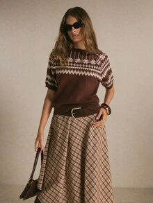 Poéselle Women's Casual Versatile Pullover, Fair Isle Pattern Short Sleeve, Suitable For Daily Wear,Women Fall Winter Sweater,Fashionable Tops - Brown - View 1