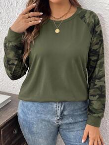 Comfylo Autumn/Winter New Teacher's Day Thanksgiving Camouflage Print Plus Size Women's Casual Raglan Sleeve Crew Neck Loose Fit T-Shirt Suitable For Spring/Autumn - Army Green - View 6