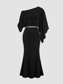 Sweetra Women's 2 Pieces Set Asymmetrical Hem Top And Skirt, Slimming Elegant Street Style - Black - View 3
