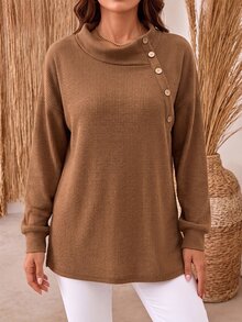 EMERY ROSE Plus Size Women's Solid Color Pullover Long Sleeve Button Textured Sweatshirt, Autumn/Winter Casual Long Sleeve Top - Brown - View 6