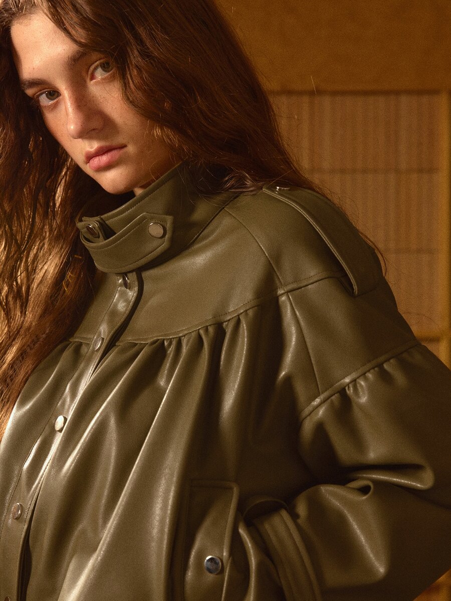 MOTF STUDIO WOMEN'S AUTUMN PU DROPPED SHOULDER RUCHED FLIGHT JACKET - Army Green - View 1