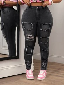 Slaydiva Celana Jeans Denim Kasual Serbaguna Model Skinny Berbahan Denim Sobek untuk Wanita Ukuran Plus dengan Kantong - Hitam - View 1