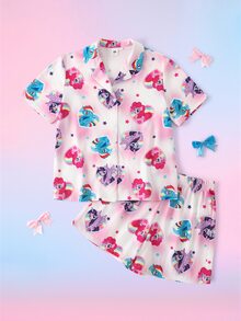 My Little Pony X SHEIN طقم ملابس منزلية للبنات المراهقات بطبعة كرتونية، ملابس علوية بأكمام قصيرة وشورت - أبيض - مشاهدة 1