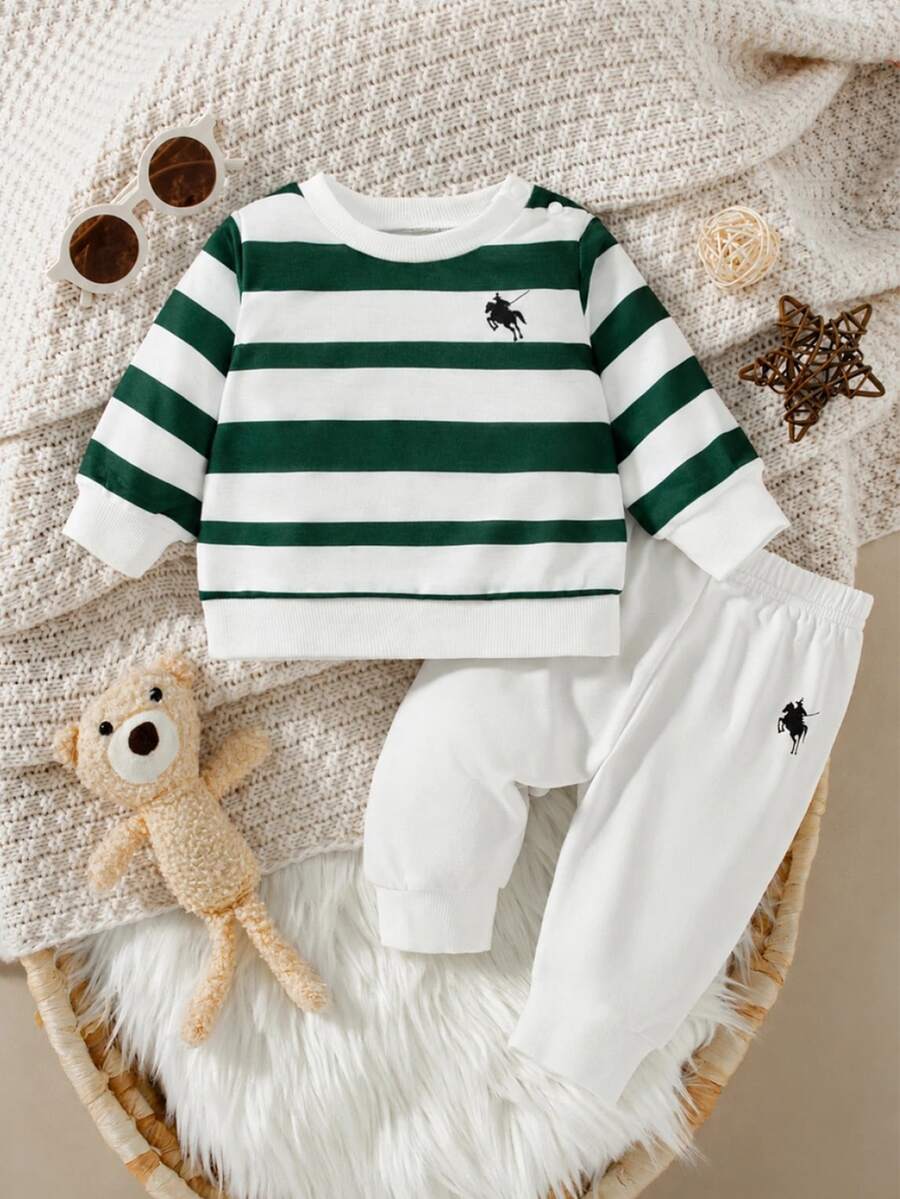 SHEIN 2pcs Set Newborn Casual Knitted Striped Print Crew Neck Long Sleeve Top + Solid Color Print Pants, Versatile Outfit - Multicolor - View 1