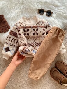 SHEIN 2pcs Baby Boy & Girl Autumn/Winter Pattern Thermal Lined Thick Crew Neck Long Sleeve Pullover Sweatshirt & Elastic Waist Long Pants Set, Fuzzy Sweatshirt Outfit - Multicolor - View 7