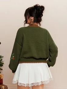 CovetEZ Autumn/Winter New Deer Plant Embroidery Pattern Halloween Christmas Casual Colorblock Cute Plus Size Cardigan - Green - View 3