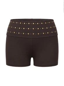 Auralis Brown High-Stretch High-Waisted Fold-Over Fitted Shorts – Modern, Elegant, And Distinctive - Brown - View 2