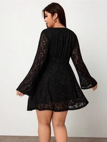 Enliva Plus-Size V-Neck A-Line Ruffle Sleeve Long-Sleeved Black Lace DressApple,Rounded Body - Black - View 2