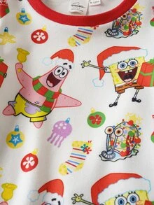 SpongeBob SquarePants | SHEIN طقم بيجامة منزلية كاجوال يومية للأطفال الصبيان بطبعة كرتونية، ملابس علوية بأكمام طويلة وبنطال - الأحمر - مشاهدة 4