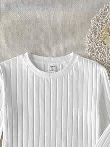 SHEIN 青少年女孩白色羅紋極簡時尚長袖上衣與長褲套裝居家服 秋冬款 - 白色 - 查看 3