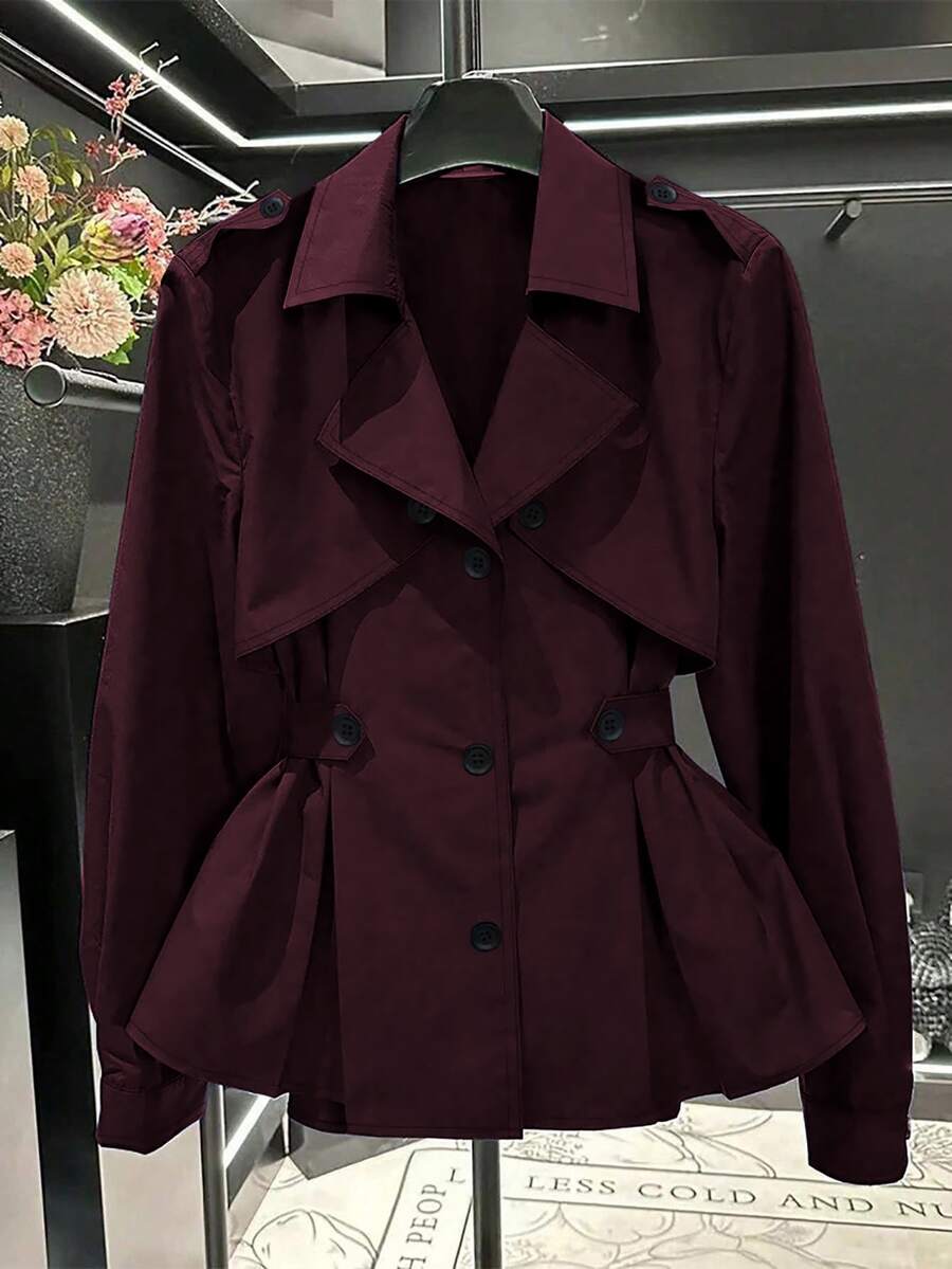 GlowEve CURVE Plus Size Women's Fashion Casual Solid Color Long Sleeve Cinched Waist Trench Coat Fall - Burgundy - View 1