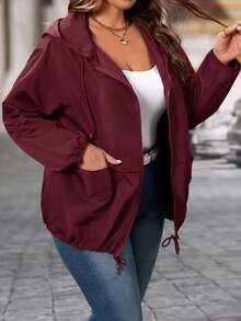 EMERY ROSE Plus Size Women's Solid Color Long Sleeve Zip-Up Casual Hooded Jacket - Burgundy - View 6