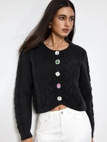 Maija Knitted Cardigan With Diamond Buttons, Autumn/Winter - Black - View 1