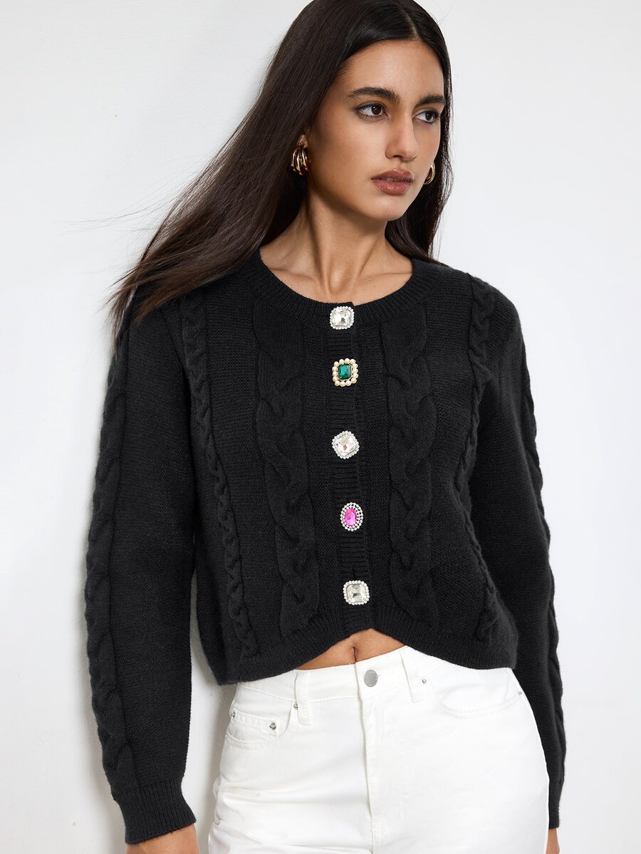 Maija Knitted Cardigan With Diamond Buttons, Autumn/Winter - Black - View 1