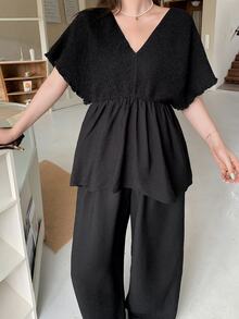 Dazy Plus Plus Size Women Solid Color Casual Street Vacation Spring Autumn V-Neck Short Sleeve Top And Pants 2 Pieces Set - Black - View 5