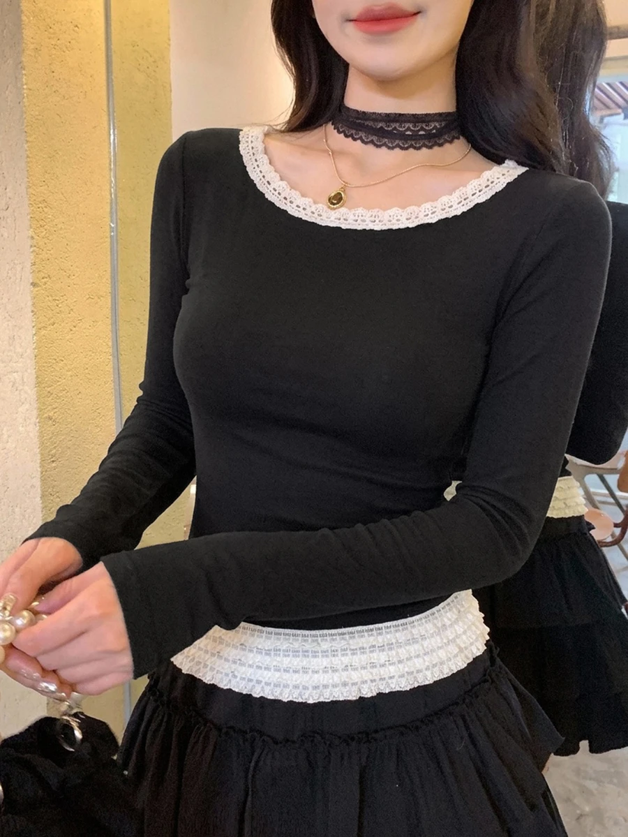 DAZY 女款蕾絲飾邊修身百搭日常長袖上衣 - 黑色 - 查看 1