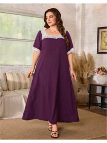 Lacomfia Women's Polka Dot Lace Casual Plus Size Dress - Purple - View 6
