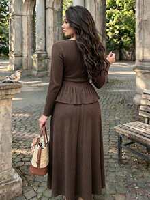 Modelyn 2pcs/Set Textured Elastic Knit Plus Size Women Elegant Long Sleeve Top And A-Line Elastic Waist Skirt, Suitable For Autumn/Winter Date And Casual Occasions - Brown - View 2